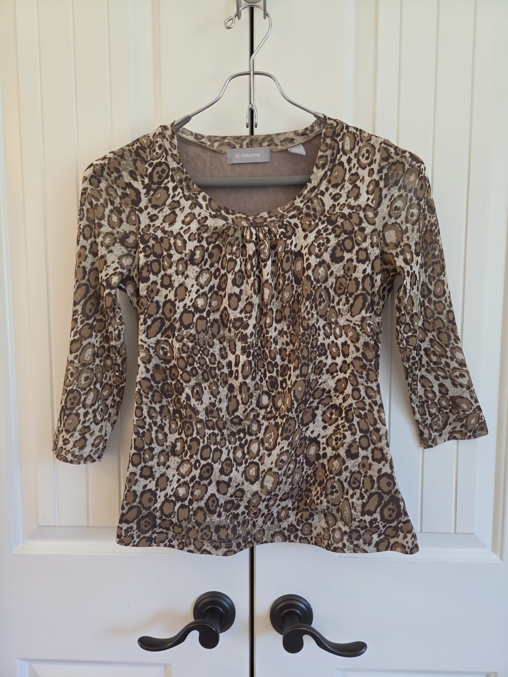 Liz Claiborne Sheer Mesh Animal Print Brown Tan 3/4 Sleeve Scoop Neck Top Size S